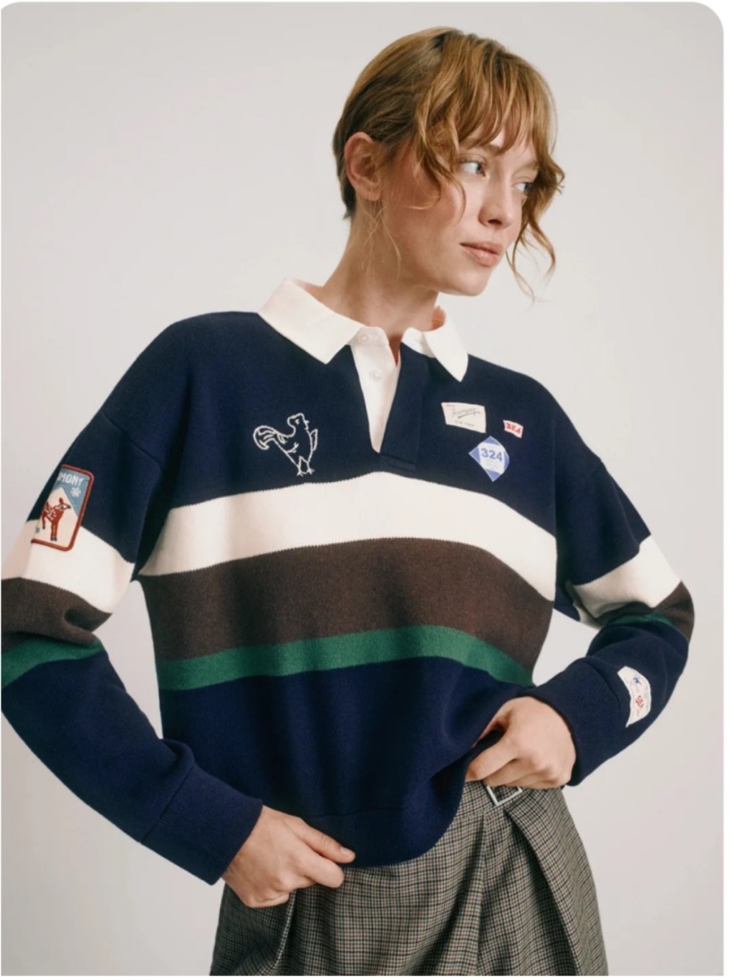 Sea New York Navy, White & Green Striped Rugby Sweatshirt
